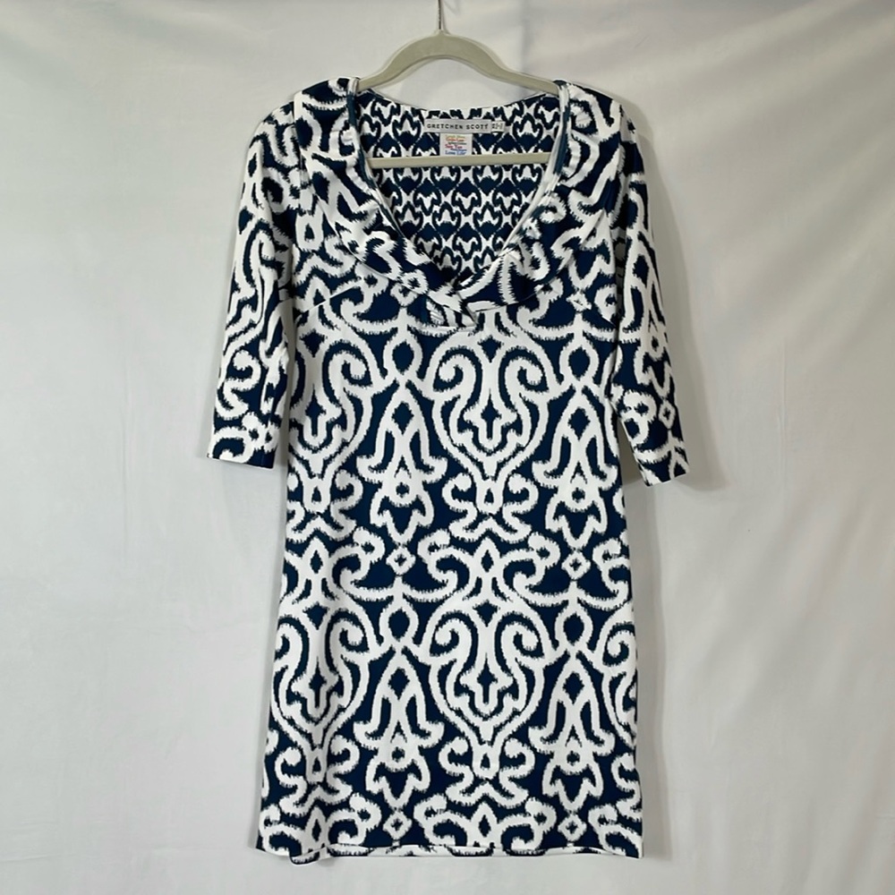 Gretchen Scott Dress XS Navy White Print Ruffle Collar Stretch EUC